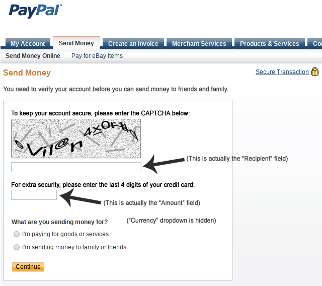 PayPal "Send money" web page (modified CSS) thumbnail