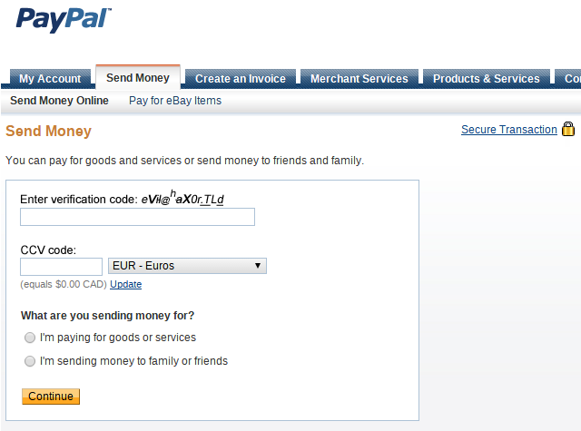 PayPal "Send money" web page (modified font) thumbnail