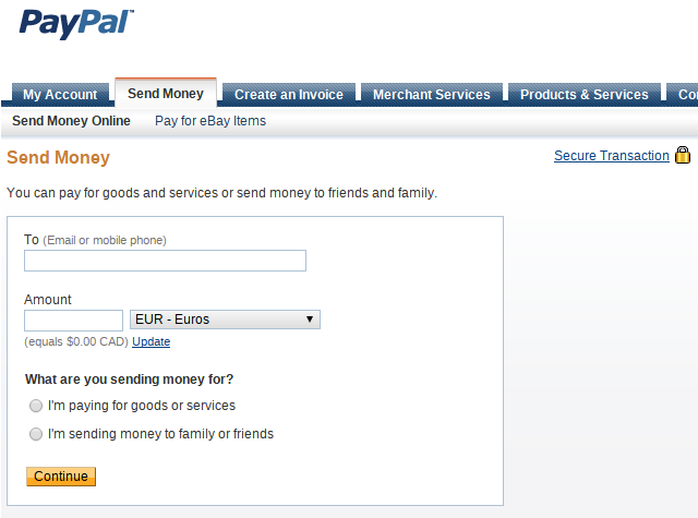 PayPal "Send money" web page thumbnail